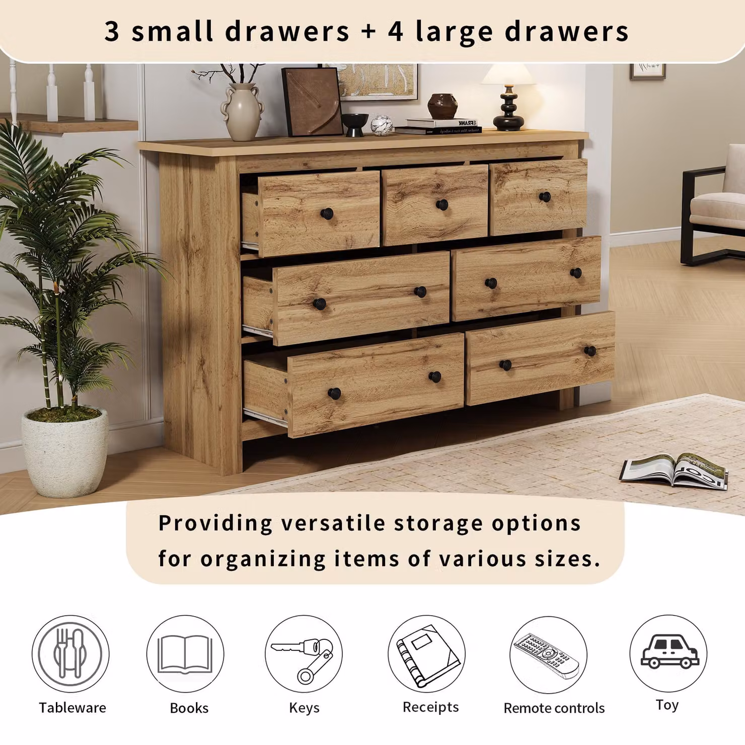 Aosom UK Modern Vintage Wood Storage Cabinet with 7 Drawers, Brown, W: 152 cm, D: 40 cm, H: 88.5 cm – 3