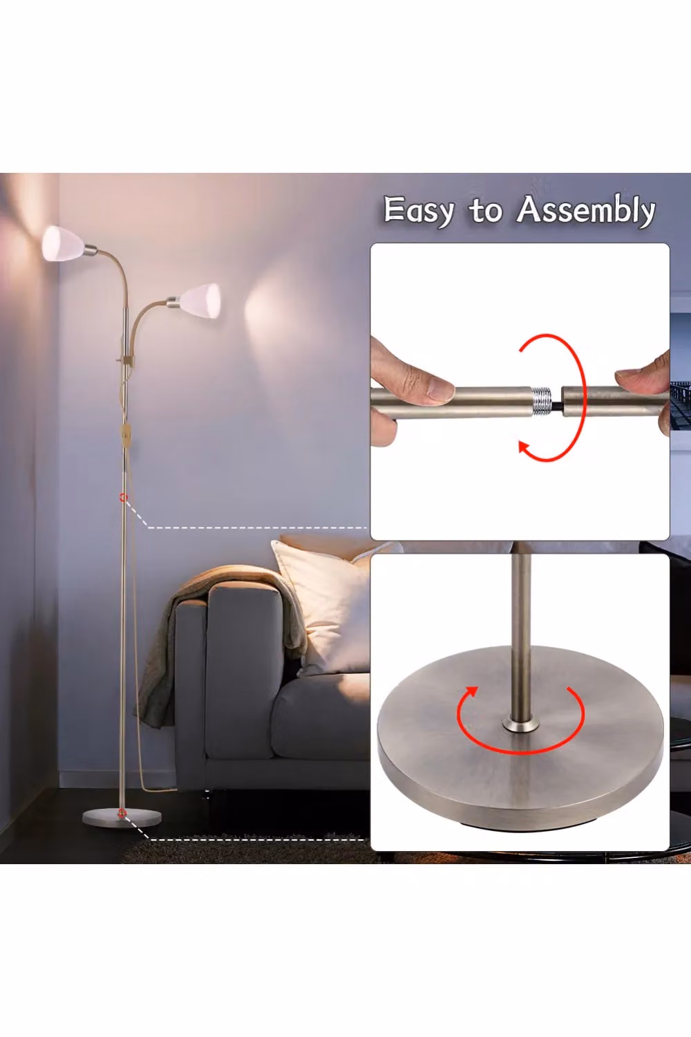 Living and Home Modern 2 Head Adjustable Standing Floor Lamp in White and Multicolour – 4