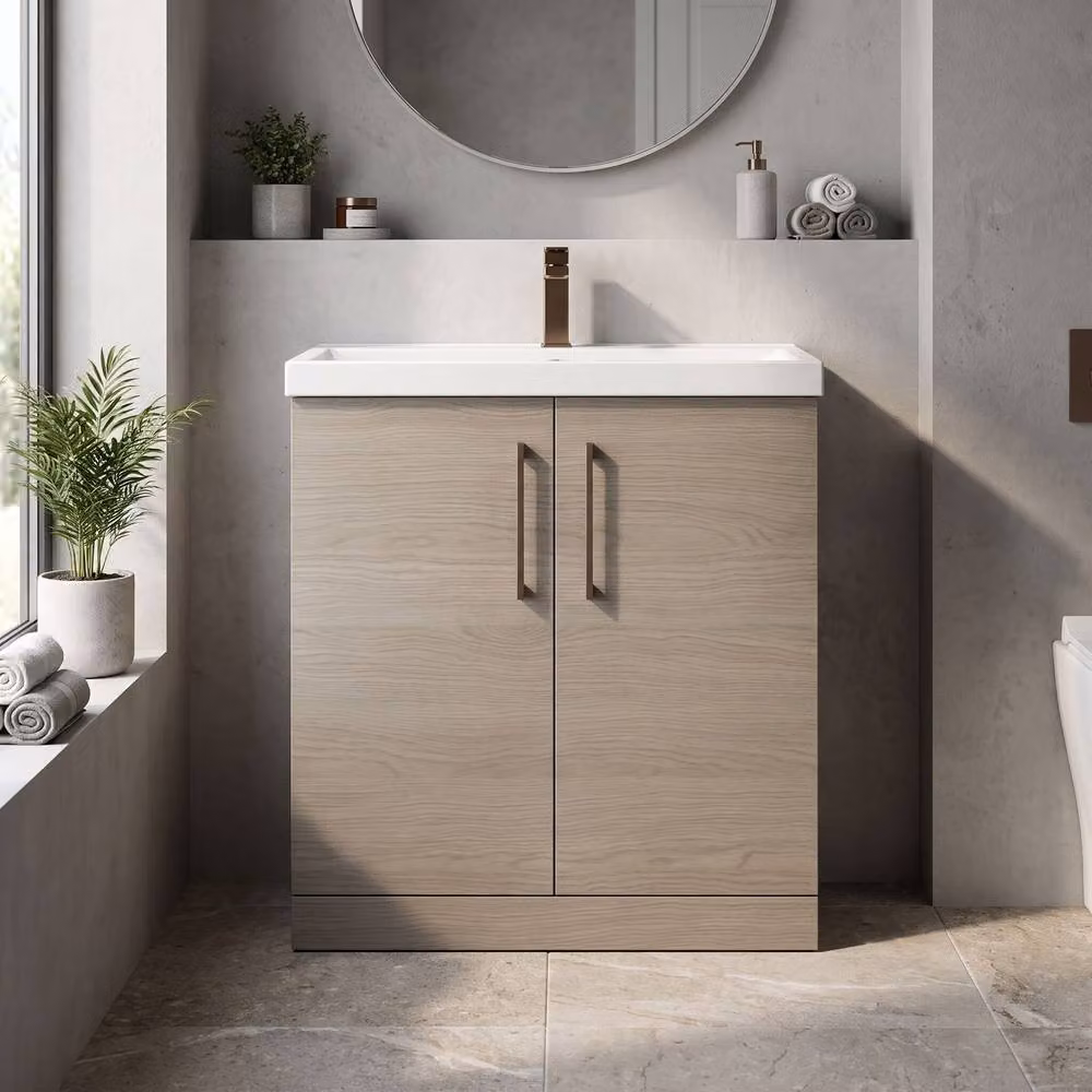 Balterley Solace Oak 2-Door Freestanding Bathroom Vanity Unit with Basin in Brown – 2