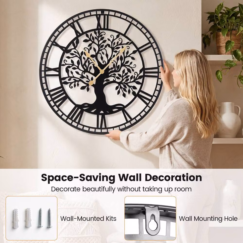 Gymax Tree of Life Metal Wall Clock, Black, Diameter: 68 cm – 5