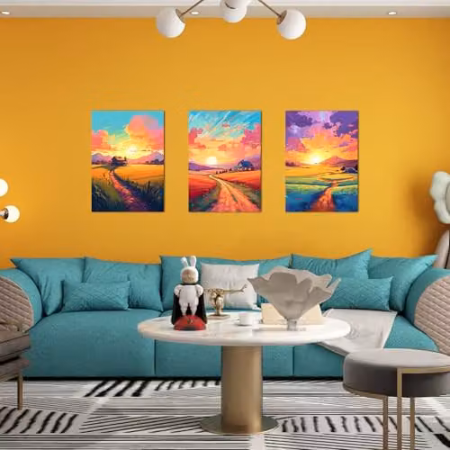 Simpa Dawn of Countryside 3 Panel Canvas Wall Art in Multicolour and Yellow – 3