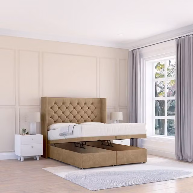 Sloomy Dior Naples Upholstered Fabric Ottoman Bed with Hybrid Sprung Memory Mattress and Winged Floorstanding Headboard, Beige/Brown, W/D/H: 140 x 200 cm