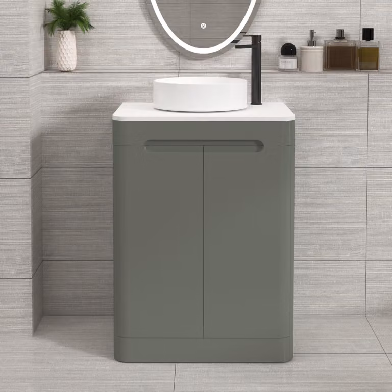 Royal Bathrooms Venice 600mm Sage Green Floor Standing 2 Door Vanity Unit with Plain White Worktop and Art Deco Basin