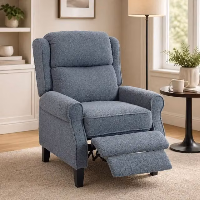STILVORA Grey Fabric Recliner Armchair with Integrated Footrest and Metal Frame – 1