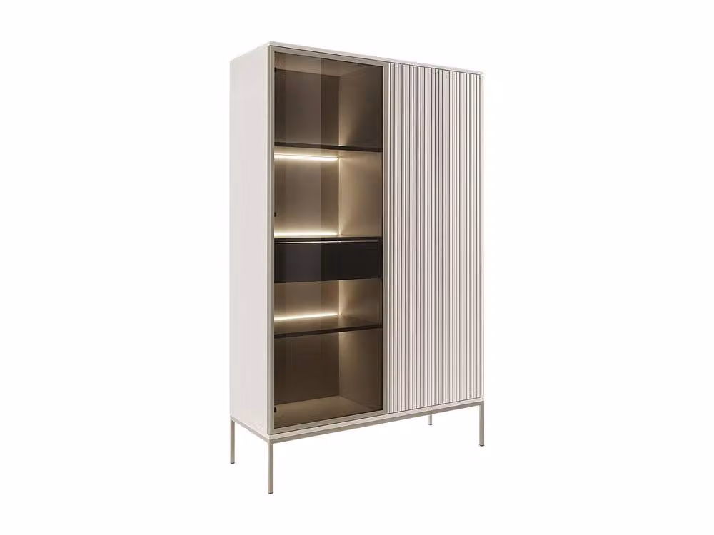 Vente-unique Modern Beige Display Cabinet with Integrated LED Lighting, 2 Glass Doors and 1 Drawer, H: 165.5 cm, W: 103.5 cm, D: 39 cm – 2