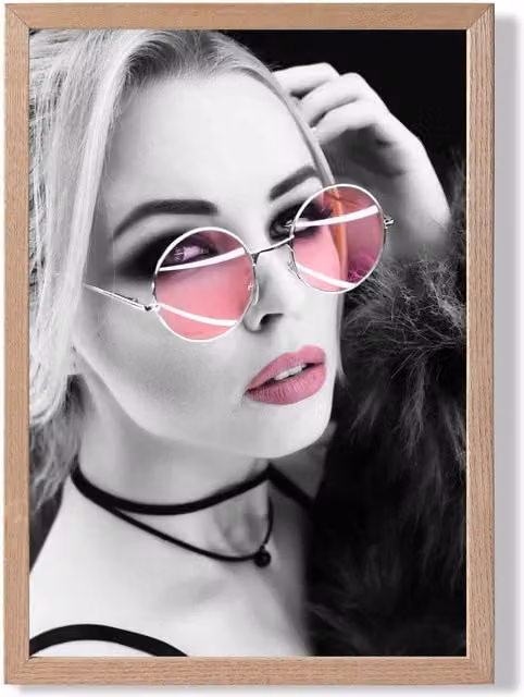 ARTZE Girl with Pink Sunglasses Black and White Framed Photo Print with Oak Frame, A3 – 1