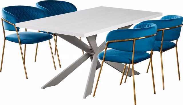 Atarah Duke LUX Modern Rectangular Dining Set with Table and 4 Blue and Gold Upholstered Chairs