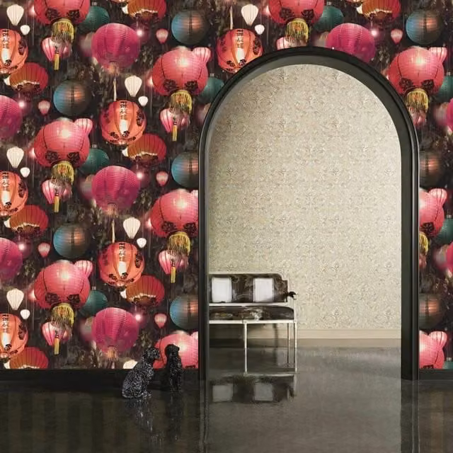 Arthouse Tian Japanese Multi Coloured Lanterns Pink Textured Vinyl Wallpaper in Grey