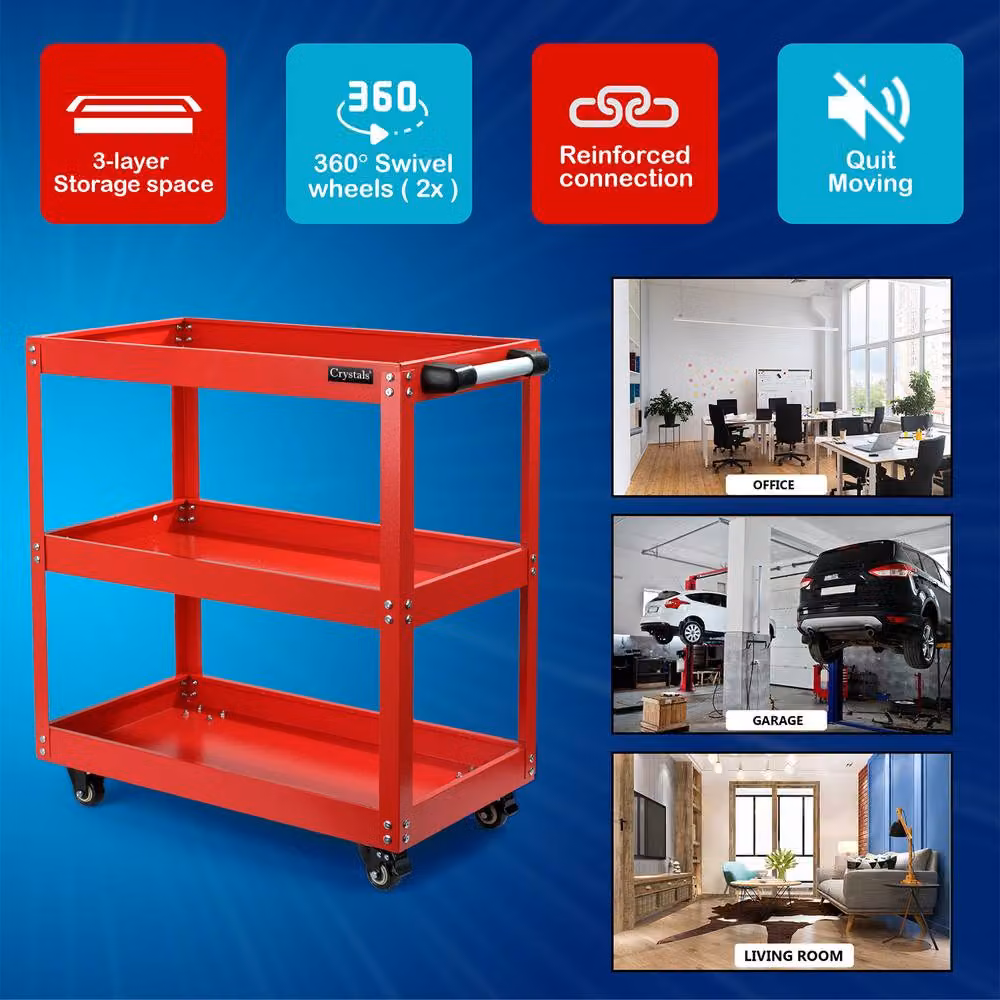 Crystals 3 Tier Heavy Duty Tool Storage Cart with Wheels in Red, W: 52 cm, D: 52 cm, H: 74 cm – 6