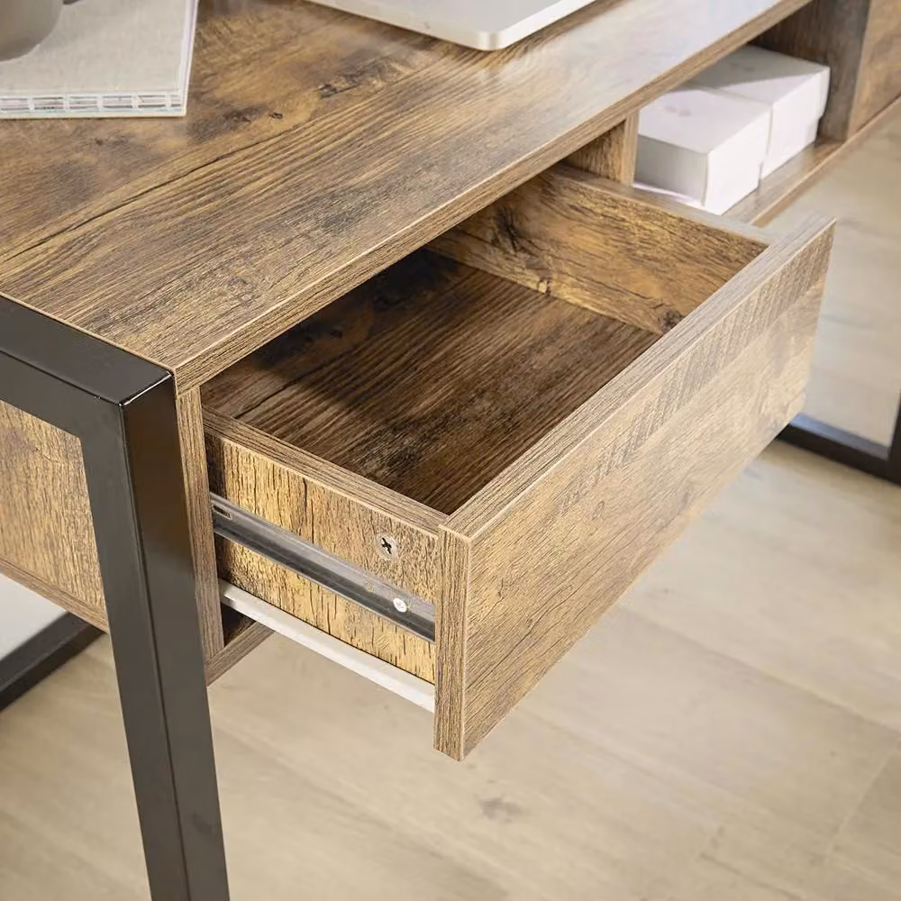 Home Source Modern Computer Desk with Single Pedestal and Storage in Brown – 2