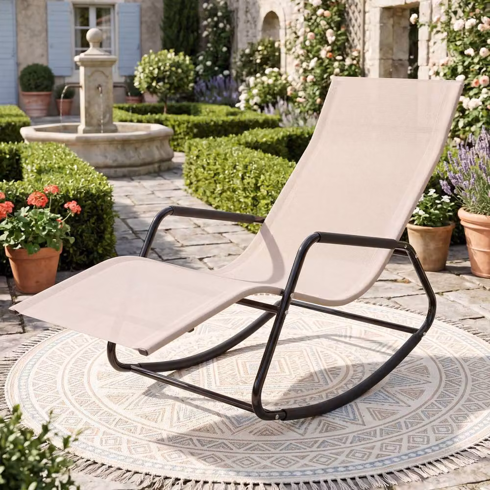 Costway Outdoor Rocking Lounge Chair with Armrests and Back Support Bar in Beige – 2