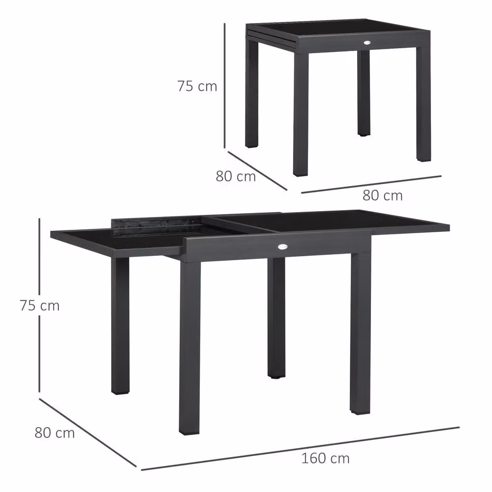 ERGOVEXA Extending Rectangular Garden Table in Black with Glass Top, W: 80/160 cm, D: 80 cm, H: 75 cm – 2