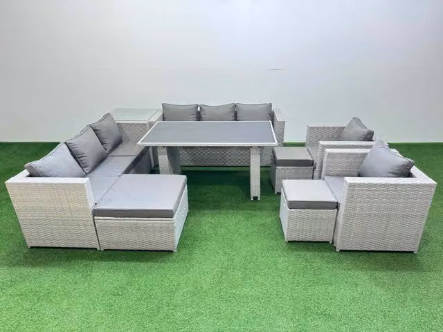 Fimous 11 Seater Outdoor Dining Set with 3 Seater Sofa and Side Table in Light Grey
