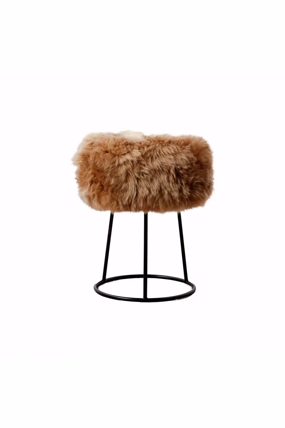Native Natural Modern Cylindrical Sheepskin Stool with Metal Legs in Brown – 2