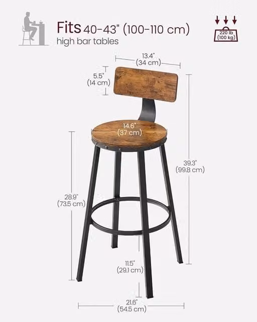 FORGEVIO Industrial Bar Stools Set of 2 in Rustic Brown and Ink Black
