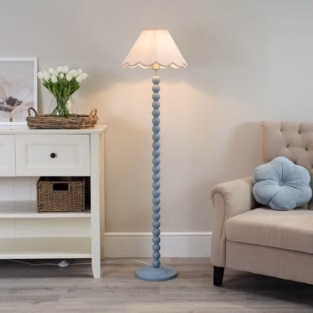 ValueLights Bobbins Powder Blue Floor Lamp with Pink Fabric Scallop Shade and LED Bulb – 1