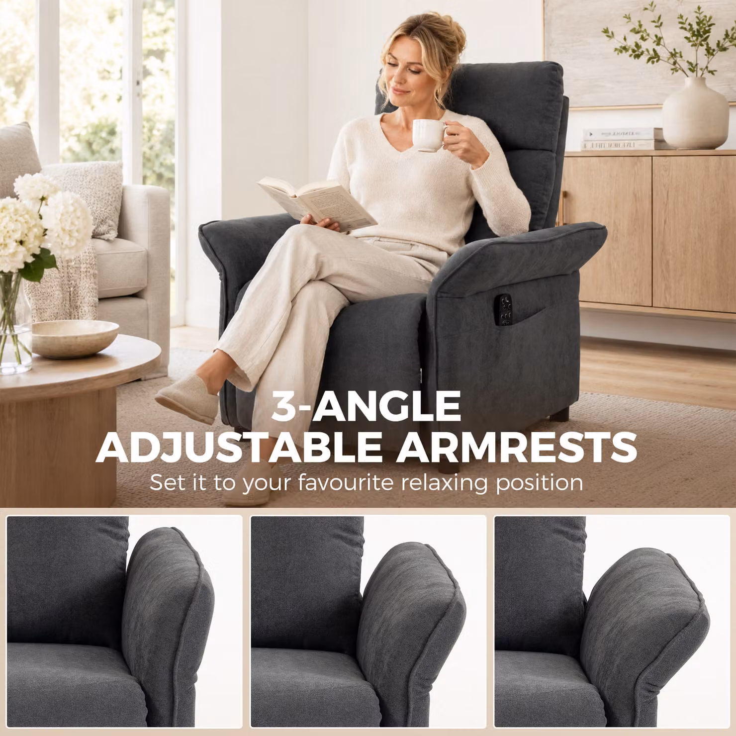 HOMCOM Dark Grey Fabric Recliner Armchair with Massage, Heat and Adjustable Armrests – 4