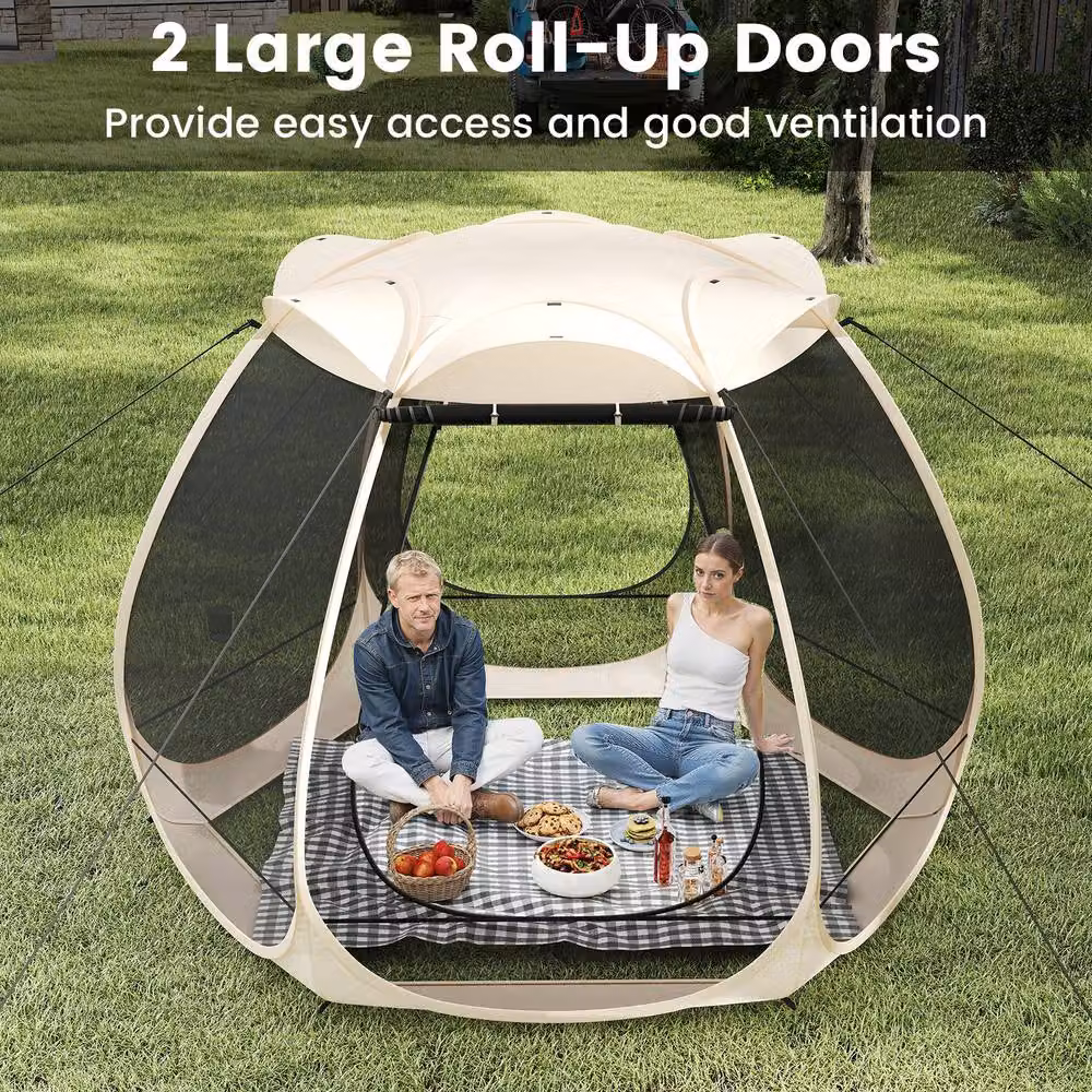Costway Pop Up Outdoor Camping Tent Gazebo, Beige and Multicolour, W: 310 cm, D: 270 cm, H: 270 cm – 6