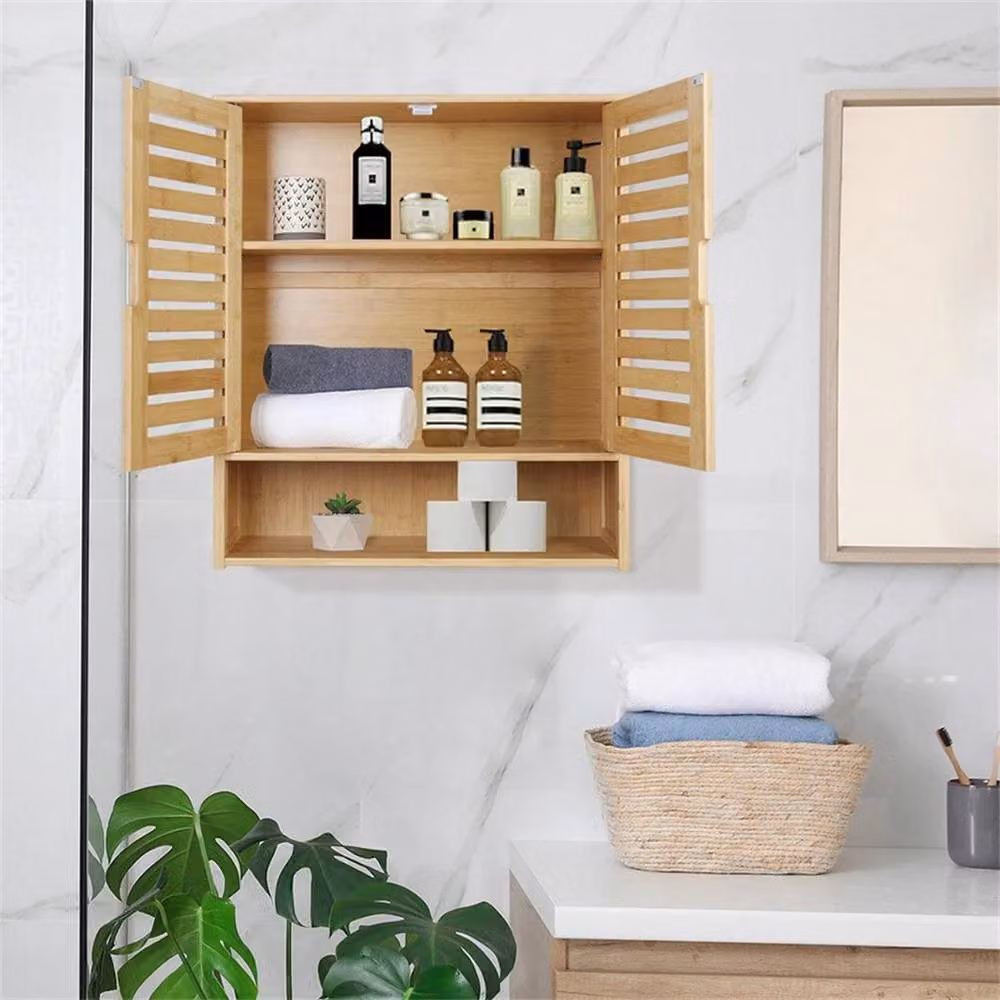 Kelvenix 3-Tier Bamboo Wall Cabinet for Bathroom and Kitchen in Brown, W: 60 cm, H: 65 cm – 2