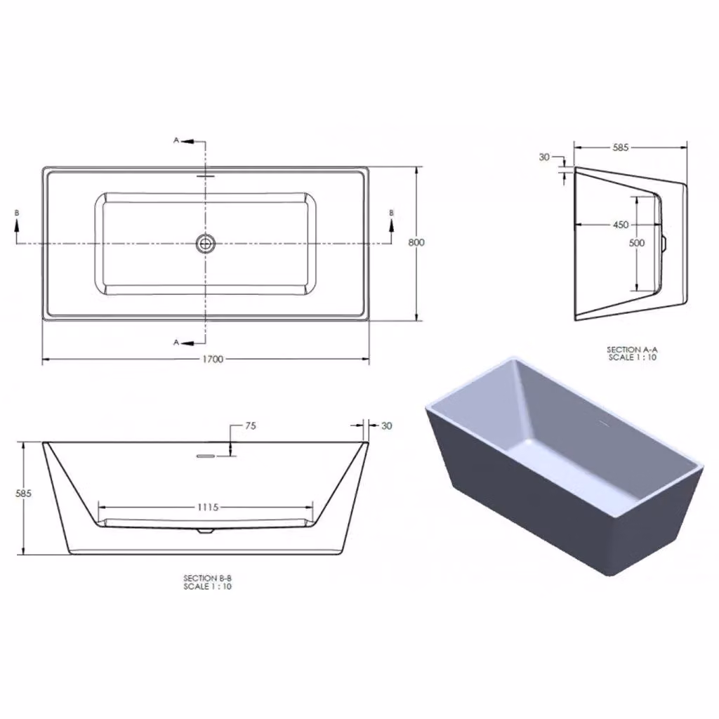 Clifton Premium Freestanding Square Style Acrylic Bath in White W/D/H: 170 x 80 x 58.5 cm – 2