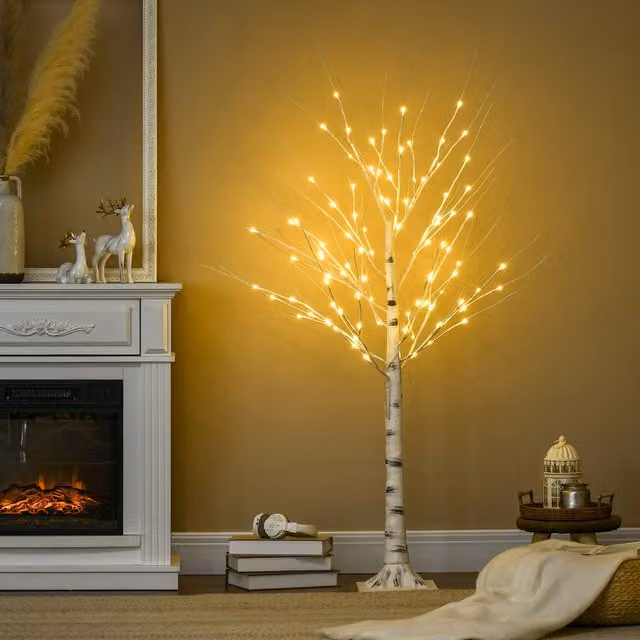 HOMCOM 5ft Artificial White Birch Tree with 96 Lights in White, Height: 152.4 cm
