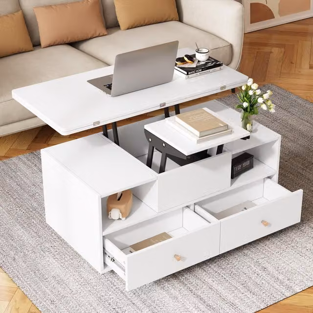 Aosom UK Extendable Lift-Top Coffee Table with 2 Lift-Up Tabletops and 4 Drawers, White, W: 100 cm, D: 50 cm, H: 47.5 cm