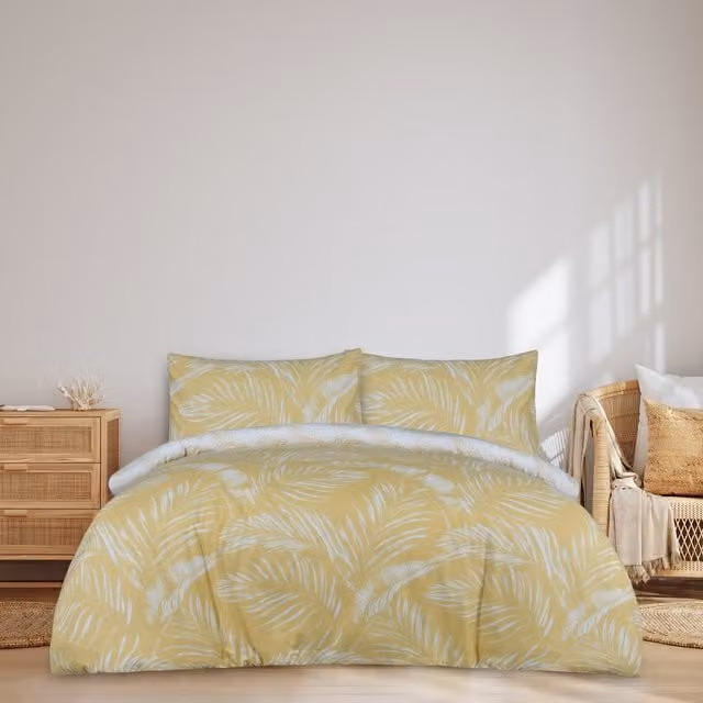 Luxury Reversible Floral Palm Leaf Duvet Cover and Pillowcases in Gold, Green and Yellow, Pillowcase Size: 50 x 75 cm