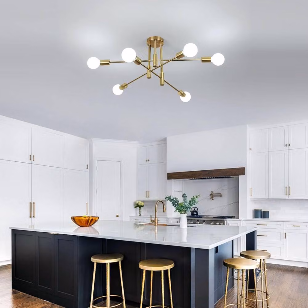 Goeco Industrial Retro 6-Light Ceiling Chandelier in Gold/Brass with E27 Base – 2