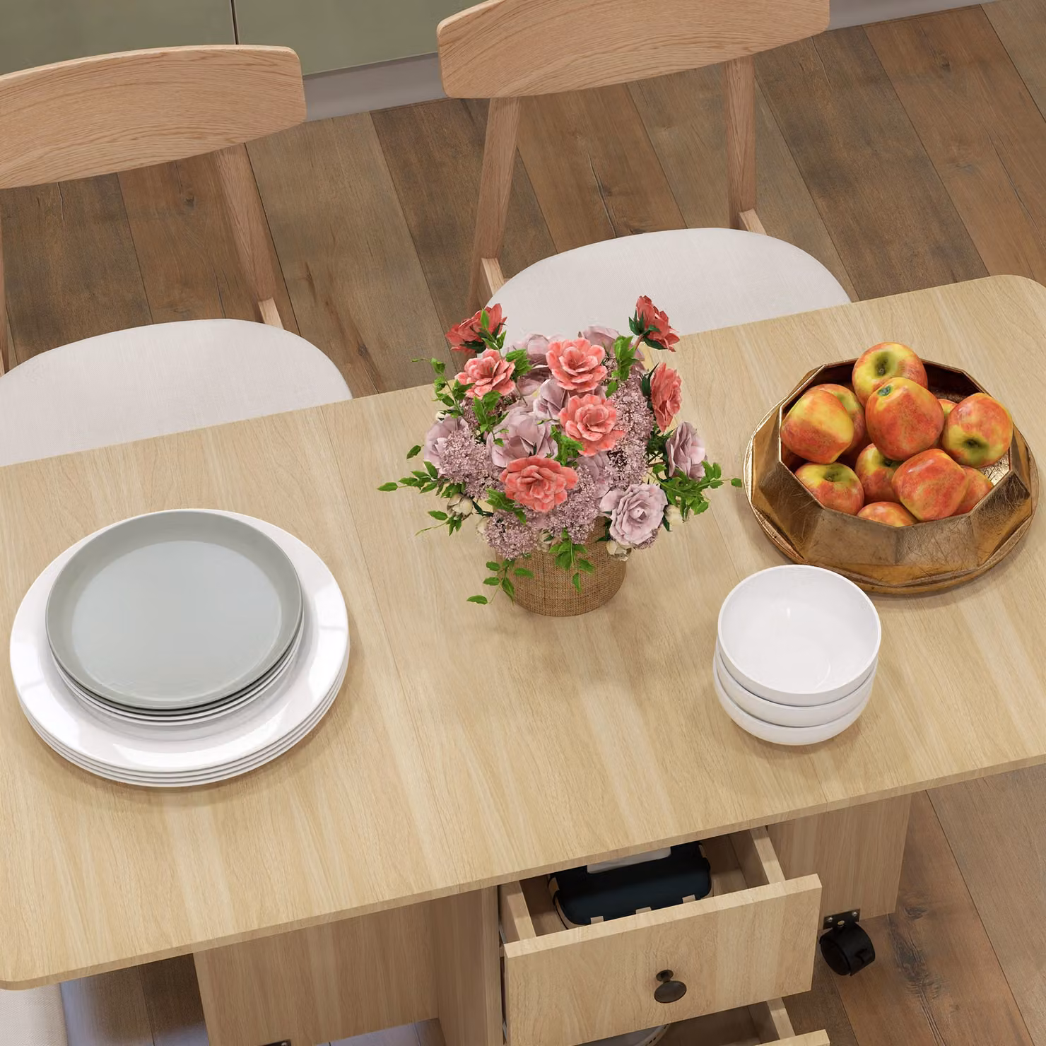 HOMCOM Wood-Effect Six-Person Drop Leaf Dining Table with Storage, W: 120 cm, D: 76.5 cm, H: 24 cm – 5