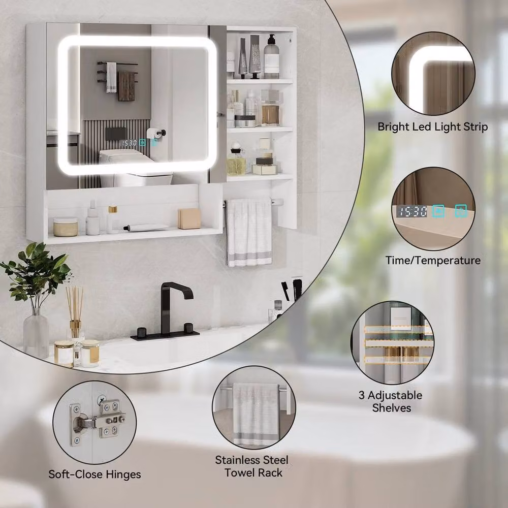 FORGEVIO White Modern Wall Mounted Bathroom Mirror Cabinet with LED Lighting and Sensor Switch – 2