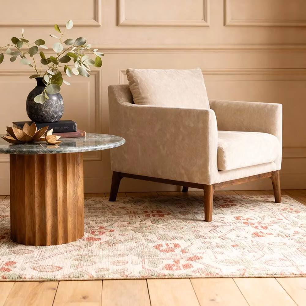 Atkin and Thyme Barnaby Mid-Century Armchair in Beige Velvet with Solid Wood Frame