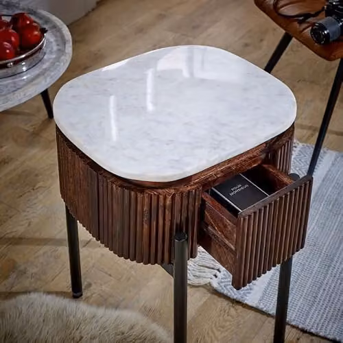 Indian Hub Opal Bedside Table with Marble Top and Metal Legs, W: 45 cm, D: 45 cm, H: 60 cm – 3