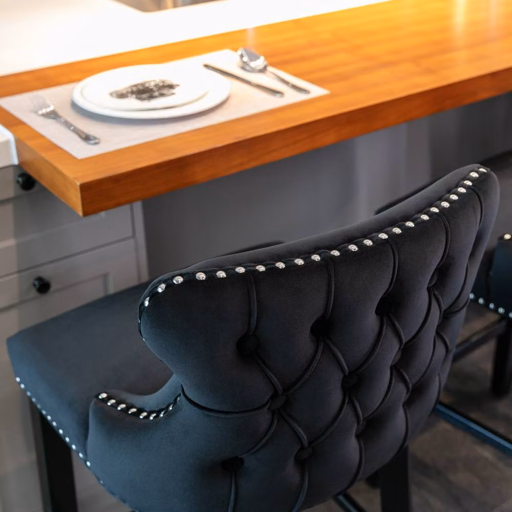 HomeTouch Set of 4 Black Velvet Upholstered Bar Stools with Oak Wood Legs – 2