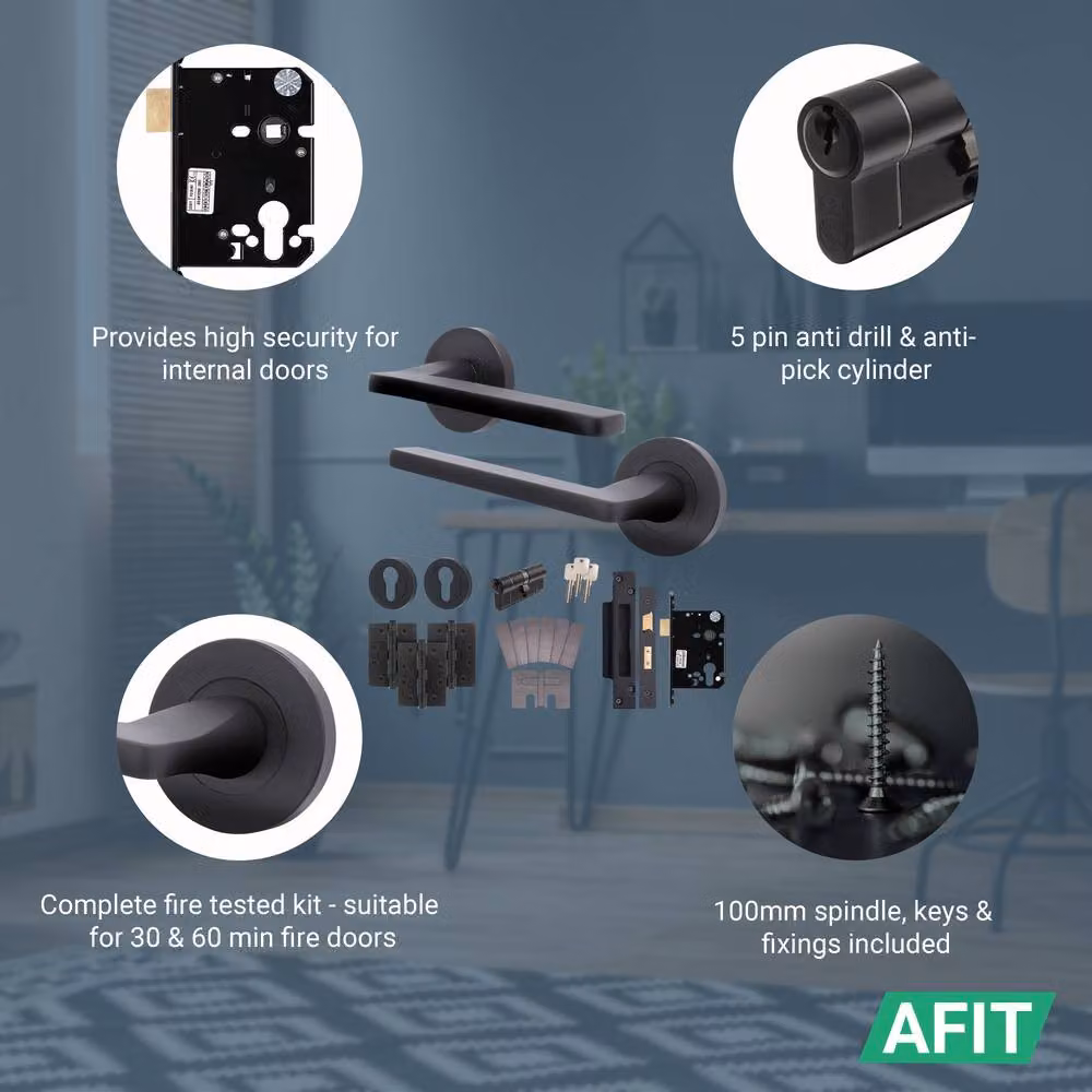 AFIT Matt Black Fire Door Handle Set with Euro Lock Cylinder, Latch and Hinges – 3