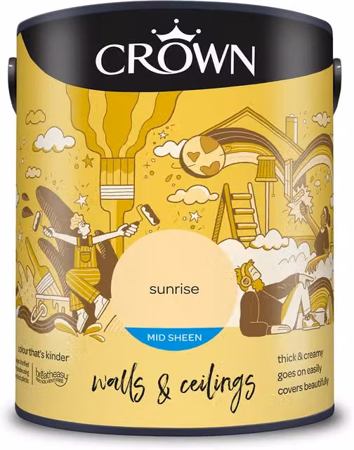 Crown Sunrise Yellow Mid Sheen Emulsion Walls and Ceilings Paint, 5 l