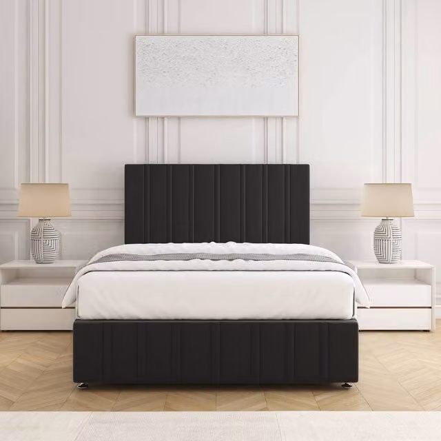 BSSPOKE Isabella Super King Divan Bed Set with 24 inch Headboard and Mattress in Black Plush Velvet