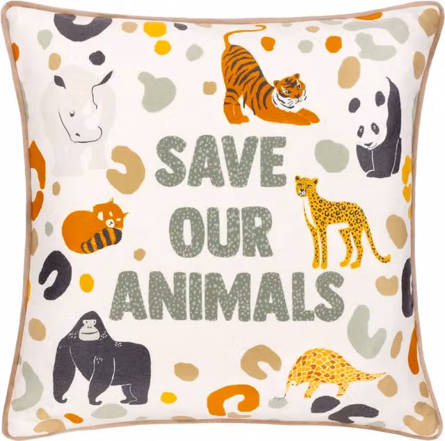 Little Furn Wildlife Save Our Animals Multicolour Polyester Filled Square Cushion, 43 x 43 cm