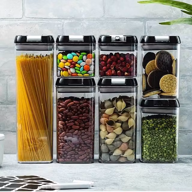 PAWNORA 7-Piece Black Airtight and Leakproof Plastic Dry Food Storage Container Set