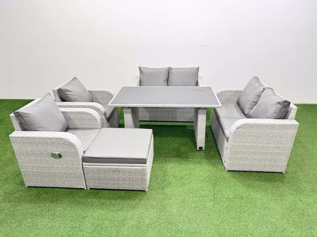 Fimous 6 Piece Modern Rattan Garden Furniture Set with Cushions and Stool in Light Grey