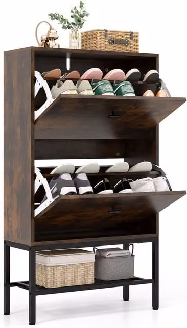 Gymax Freestanding Industrial Shoe Cabinet in Brown with 2 Tilting Drawers and Metal Shelf