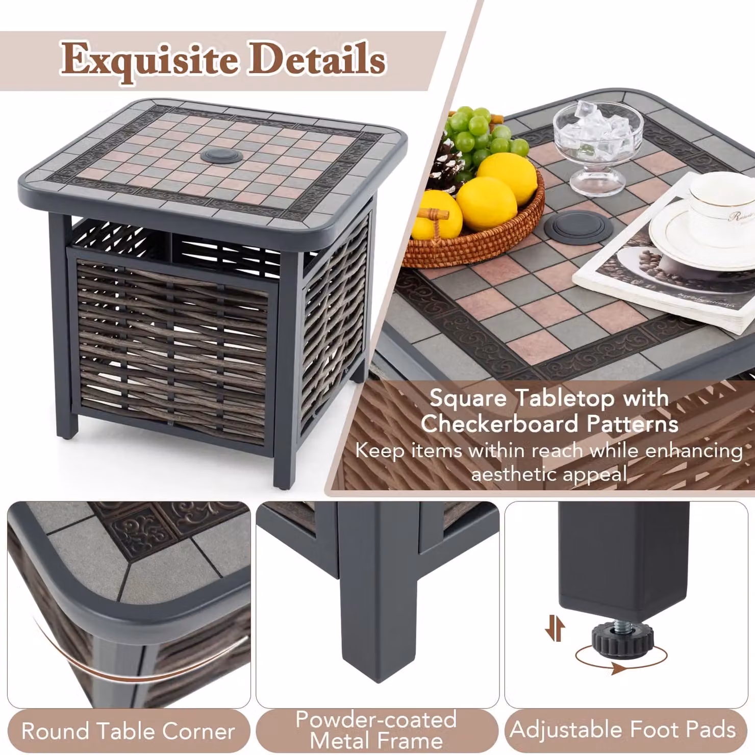 Costway Brown PE Rattan Outdoor Square Side Table for Patio and Terrace, W/D/H: 55 x 55 x 55 cm – 6