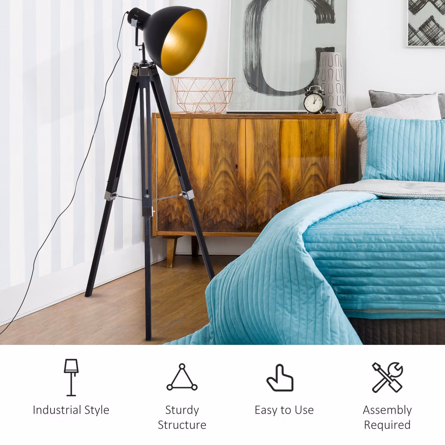 HOMCOM Industrial Tripod Spotlight with Adjustable Wooden Legs and Gold Metallic Cone Shade in Black and Brass – 4
