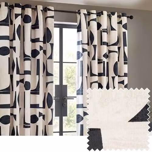 HOEM Carro Abstract Geometric Blue Eyelet Curtains, Opaque Cotton Fabric, Width: 229 cm, Drop: 229 cm (Pair)