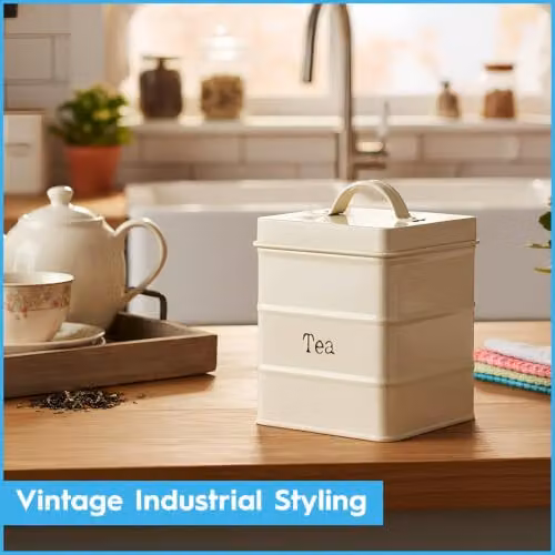 Harbour Housewares Metal Tea Coffee Sugar Canister Set in Beige and White with Airtight Lids – 5