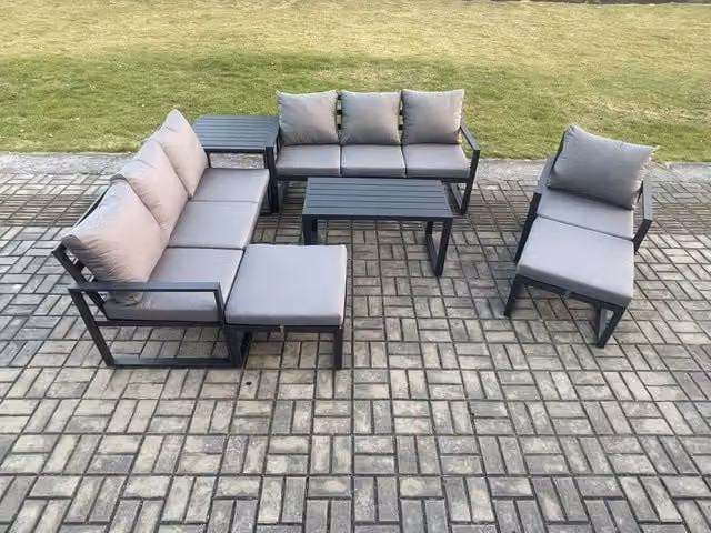 Fimous 7 Piece Grey Powder Coated Aluminium 9 Seater Garden Furniture Set with Cushions, Armchair, Ottomans and Coffee Table