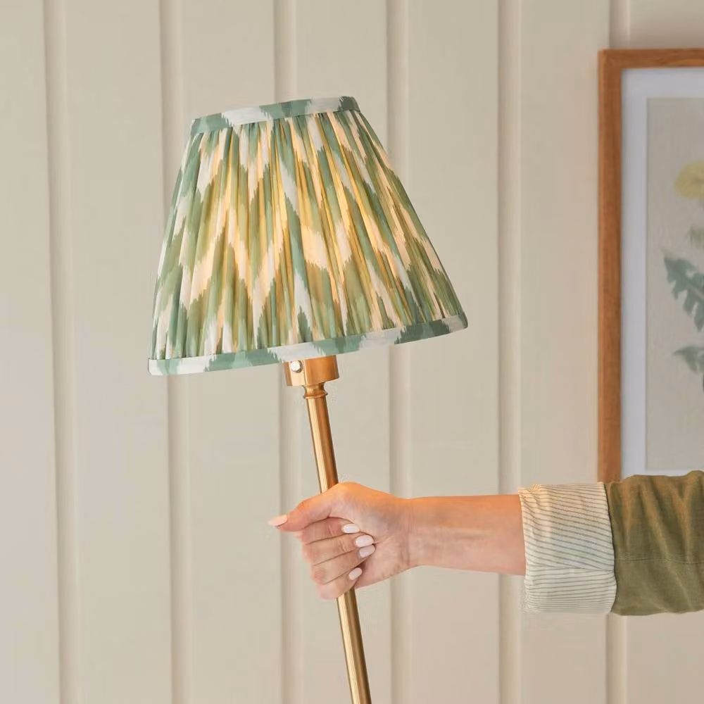 Netlighting Burley Rechargeable LED Floor Lamp with Green Fabric Cone Shade and Gold/Brass Metal Base – 3