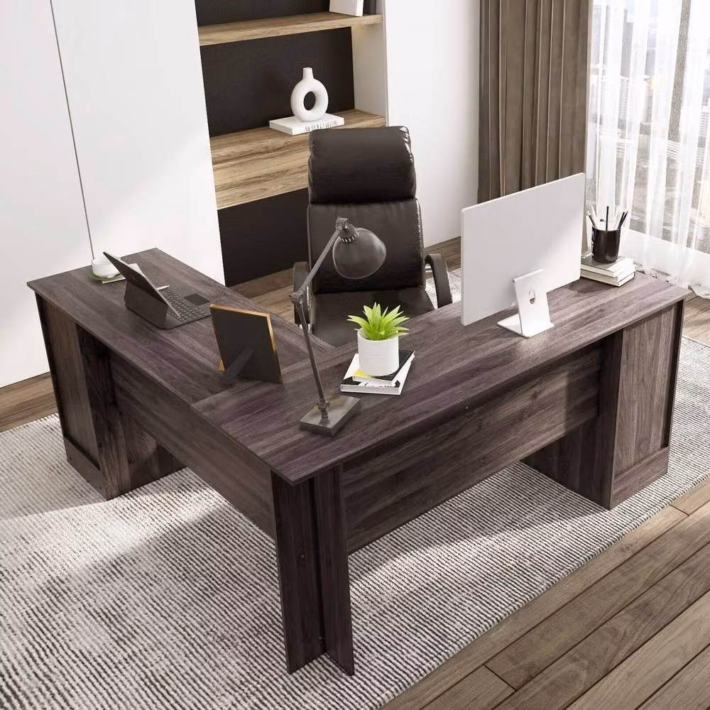 Costway L-Shaped Corner Computer Desk Study Workstation with Cabinet and Drawers in Dark Brown – 3