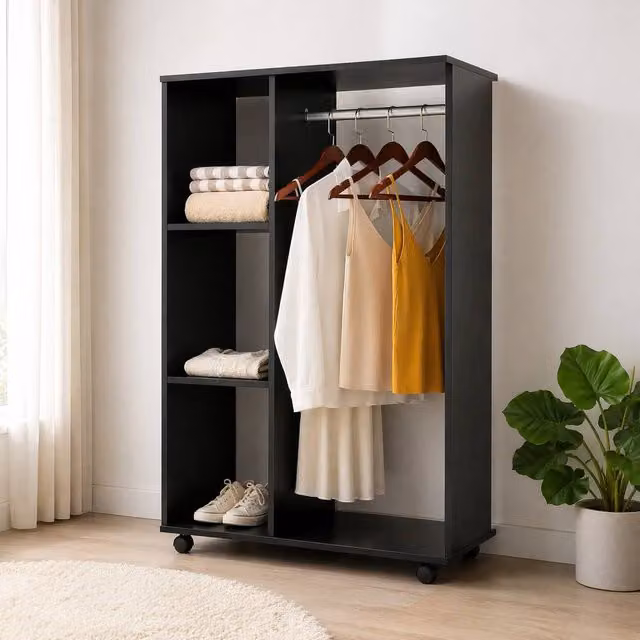 STILVORA Modern Open Wardrobe with Shelves and Clothes Rail in Black