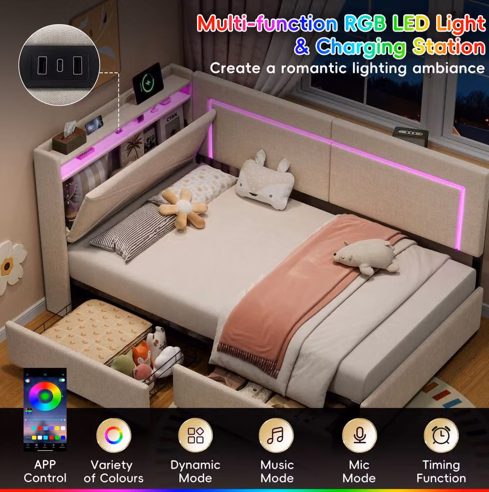 STILVORA Single Day Bed with Storage, LED and USB Charging Station in Beige, W/D/H: 90 x 190 x 102 cm – 3