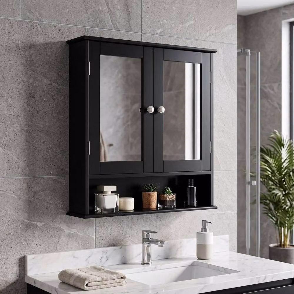 Home Luxe Interior Maine Black 2 Door Bathroom Wall Cabinet with Mirrored Glass Doors and Storage – 3